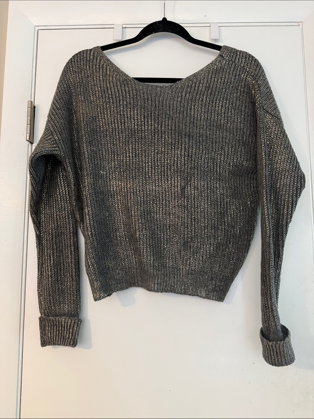 Gianni Bini Metallic Gray Ribbed Crewneck Sweater